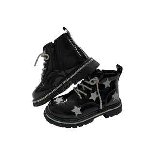 Lola and The Boys Black Patent Shimmer Stars Boots
Black high-top sneakers with star designs on a white background