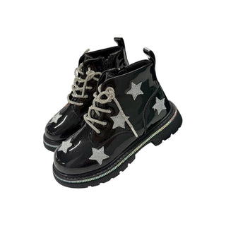Lola and The Boys Black Patent Shimmer Stars Boots Black glossy boots with star designs on a white background