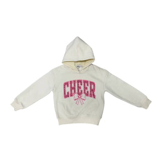 Lola and The Boys Crystal Cheer Bow Sweatshirt An off-white hooded sweatshirt with 'CHEER' in pink glittery block letters and a pink bow graphic on the front, displayed flat against a white background.