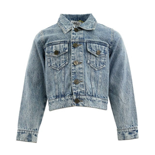 Lola and The Boys Crystal Cherry Bow Denim Jacket
A cropped light blue denim jacket with a classic collar, button-up front, and two chest flap pockets, shown on a plain white background.