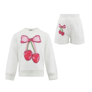 Lola and The Boys Crystal Cherry Bow Short Set
White sweatshirt with pink bow and cherry design on a white background