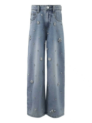 Lola and The Boys Crystal Flower Jeans
Blue jeans with decorative elements on a white background