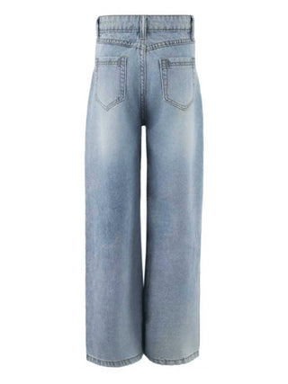 Lola and The Boys Crystal Flower Jeans
Light blue wide-leg denim jeans shown from the back, featuring a high waist and classic pocket design, isolated on a white background.