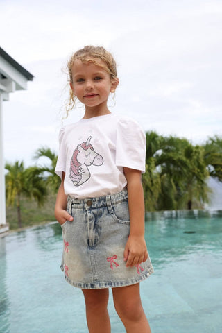 Lola & the Boys Cutie Bows denim skirt featuring bow accents and a classic denim design for a stylish, casual look.