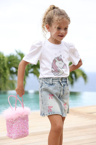 Lola & The Boys Cutie Bows denim skirt with bow details, front view, casual style, lightweight denim fabric.