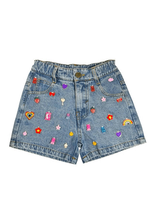 Lola and The Boys Cutie Charms Denim Short
Denim shorts with colorful patches on a white background