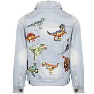 Lola and The Boys Dino Lovers Denim Jacket 
A light blue denim jacket shown from the back, decorated with colorful embroidered dinosaur patches in various species and poses.