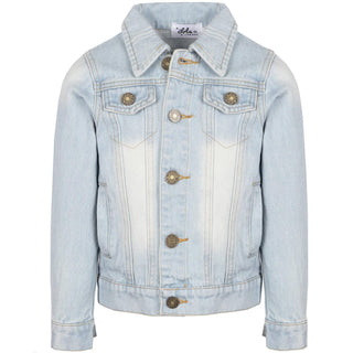 Lola and The Boys Dino Lovers Denim Jacket
A light wash denim jacket with decorative bronze-toned buttons and contrast stitching, shown against a plain white background.