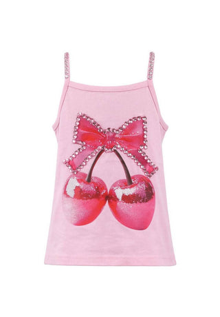 Lola and The Boys Disco Cherry Tank Top
Pink tank top with cherry and bow design on a white background