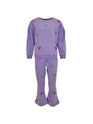 Lola and The Boys Lavender Crystal Hearts Set
A two-piece children's pajama set in lavender purple, featuring a long-sleeve top and matching flared pants, both decorated with small multicolored heart patterns.