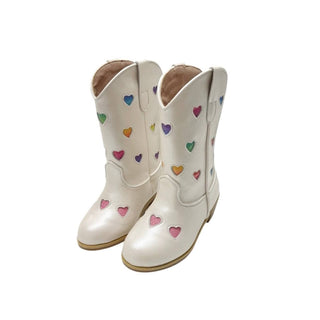 Lola and The Boys Pastel Ombre Hearts Cowgirl Boots
White cowboy boots with colorful heart patterns on a white background