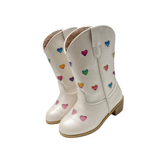 Lola and The Boys Pastel Ombre Hearts Cowgirl Boots White boots with colorful heart patterns on a white background
