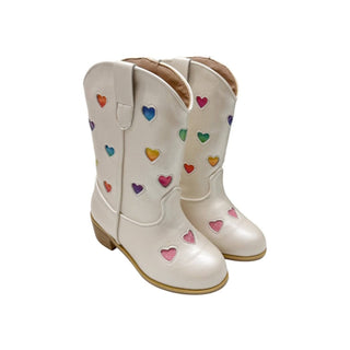 Lola and The Boys Pastel Ombre Hearts Cowgirl Boots
White children's cowboy boots with colorful heart patterns on a white background