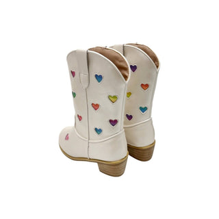 Lola and The Boys Pastel Ombre Hearts Cowgirl Boots
White cowboy boots with colorful heart patterns on a white background
