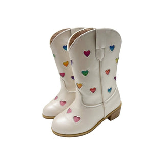 Lola and The Boys Pastel Ombre Hearts Cowgirl Boots
White boots with colorful heart patterns on a white background