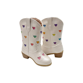 Lola and The Boys Pastel Ombre Hearts Cowgirl Boots White cowboy boots with colorful heart patterns on a white background
