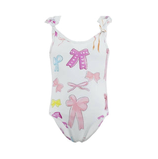 Lola and The Boys Pretty Bows Sparkle Swimsuit
One-piece swimsuit with colorful bow pattern on a white background