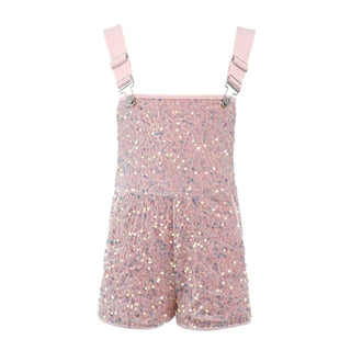 Lola and The Boys Pretty in Pink Sequin Overalls
Pink glittery romper with suspenders on a white background