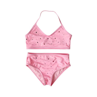 Lola and The Boys Rainbow Crystal Bikini
Pink bikini set with black polka dots on a white background