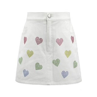 Lola and The Boys Rainbow Crystal Hearts Denim Skirt
White denim skirt with colorful heart patterns on a white background