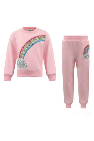 Lola and The Boys Rainbow Dreams Joggers Set
Pink children's sweatshirt and pants set with rainbow design on a white background