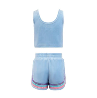 Lola and The Boys Rainbow Velour Sequin Tank Set - Blue
Light blue tank top and shorts set on a white background