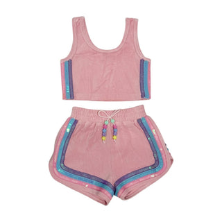 Lola and The Boys Rainbow Velour Sequin Tank Set - Pink
Pink tank top and shorts set with colorful trim on a white background