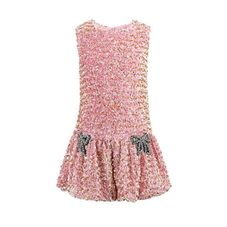 Lola and The Boys Rosie Bows Dress
Pink sequined dress with butterfly details on a white background