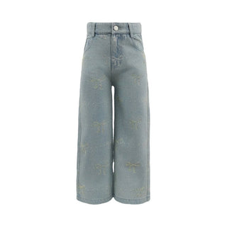 Lola and The Boys Sparkle Bows Denim Jeans
A pair of wide-leg cropped jeans in a light blue denim wash, featuring subtle distressed patches and embroidered dragonfly motifs on the front, shown against a plain white background.