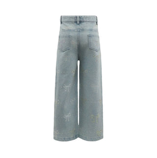 Lola and The Boys Sparkle Bows Denim Jeans
Light blue wide-leg denim pants shown from the back, featuring a high waist, two back pockets, and subtle distressed fading.