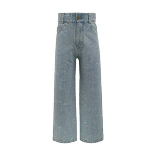 Lola and The Boys Sparkle Crystal Denim Jeans 
A pair of wide-leg denim pants in a faded light blue wash, featuring a subtle dotted pattern throughout the fabric, shown against a plain white background.