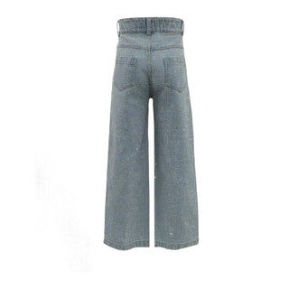Lola and The Boys Sparkle Crystal Denim Jeans
A pair of wide-leg denim jeans in a faded light blue wash, shown from the back against a plain white background.