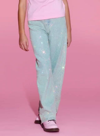 Lola and The Boys Sparkle Crystal Denim Jeans
Person wearing sparkly light blue pants on a pink background