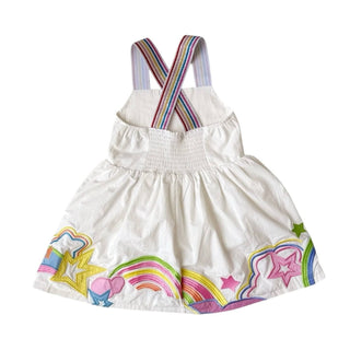 Lola and The Boys Summer Pop Dress
White dress with colorful rainbow and star designs on a white background