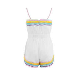 Lola and The Boys White Rainbow Summer Romper
White romper with colorful trim on a white background