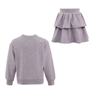 Lola and the Boys Super Soft Pearl Bow Set - Lavender
A light gray heather crewneck sweatshirt shown from the back, alongside a matching tiered ruffle skirt on a plain white background.