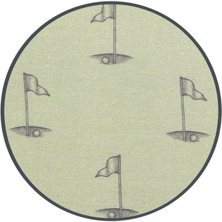 Lou Lou and Company - Cal 
Round green rug with black line drawings of golf holes and flags on a white background