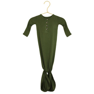 Lou Lou and Company Knotted Gown - Riley
Green baby onesie on a hanger against a white background
