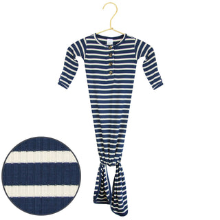 Lou Lou and Company Ribbed Knotted Gown - Jack
Navy and white striped baby outfit on a hanger with close-up of fabric texture.