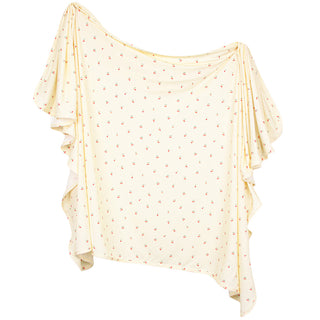 Lou Lou and Company Swaddle Blanket - Sadie
A cream-colored off-the-shoulder blouse with a delicate red and yellow floral pattern, featuring ruffled sleeves and a draped silhouette, shown against a plain white background.