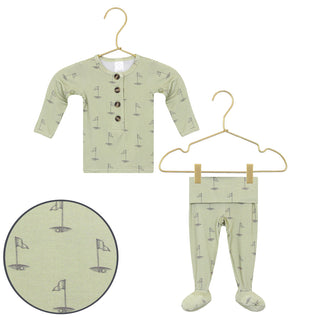 Lou Lou and Company Top and Bottoms - Cal
Baby outfit with long-sleeve shirt and pants on hangers against a white background