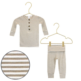 Lou Lou and Company Ribbed Top and Bottoms - Indy
Striped baby shirt and pants set on hangers with close-up of fabric texture.