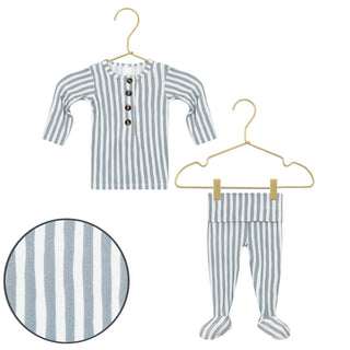 Lou Lou and Company Top and Bottoms - Tatum
Striped baby outfit with shirt and pants on hangers against a white background