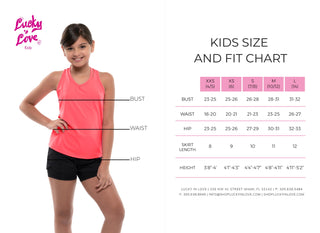 Lucky In Love Kids Size Chart Size and fit chart for children's clothing with a model wearing a pink tank top and black shorts.