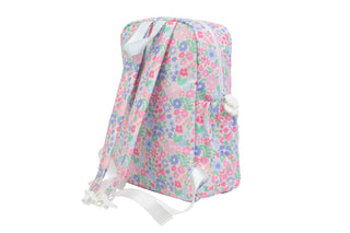Apple of My Isla Ditsy Floral backpack with adjustable straps, front pocket, and floral pattern on durable fabric.