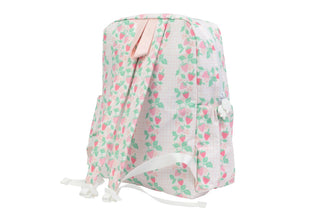 Apple of My Isla strawberry-patterned backpack featuring adjustable straps and spacious main compartment.