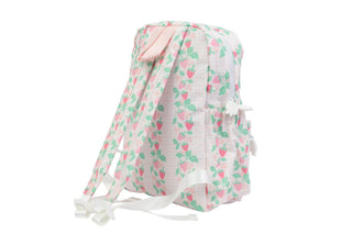 Apple of My Isla Strawberries backpack with a colorful strawberry print, featuring adjustable straps and a spacious main compartment.