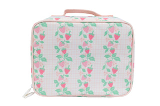 Apple of My Isla lunchbox featuring a strawberries design, with colorful fruit illustrations on a durable plastic container.