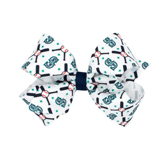 Seattle Mariners themed hair bow on a clippie by Wee Ones, featuring team colors and logo for kids' accessories.
