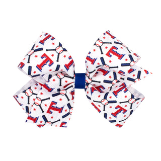 Wee Ones Texas Rangers hair bow on clippie with team logo and red, blue, and white colors, perfect for kids' sports fan look.